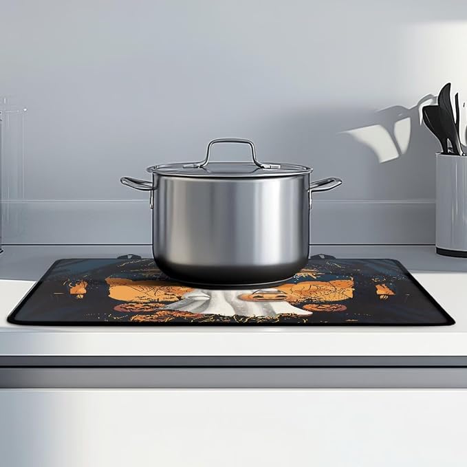 Electric Stove Top Cover 29.18 x 20.96 inch Coffee Machine Mat Halloween Decor Thick Induction Glass Cooktop Protector with Lanyards Range Covers, Cartoon Ghost Pumpkin Happy Halloween Print