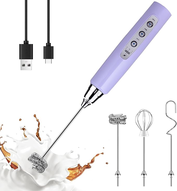 YUSWKO Handheld Milk Frother Wand for Coffee, Rechargeable Electric Whisk with 3 Heads 3 Speeds Drink Mixer Coffee Frother For Latte, Cappuccino, Hot Chocolate, Egg, Light Purple