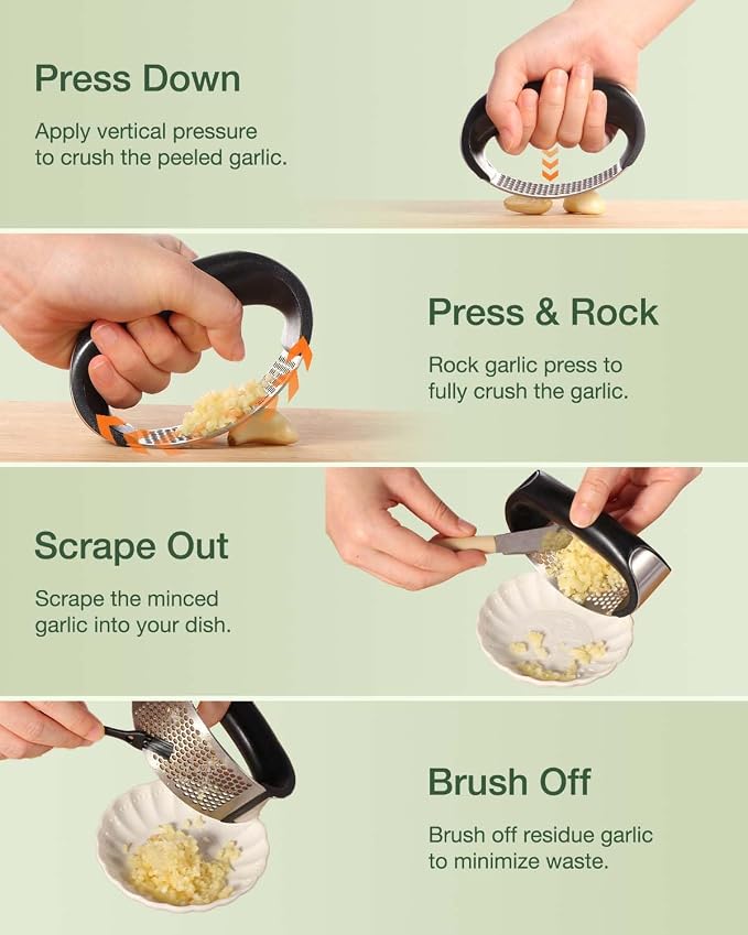 Vantic Garlic Press Rocker - Stainless Steel Garlic Crusher, Mincer and Chopper with Peeler & Scraper, Easy Kitchen Gadget for Effortless Smashing