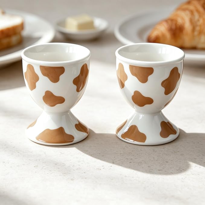 Cinf Ceramic Egg Cups, Set of 2, Mocha Cow Boiled Egg Holders for Breakfast | Set of 2 ceramic egg cups, classic white design, easy to clean, ideal for boiled eggs, breakfast serving and holiday gifting