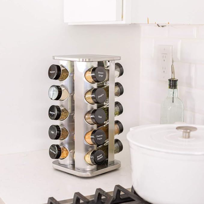 20 Jar Rotating Spice Rack with Spices Included & 5-Year Free Spice Refill Program – Stainless Steel Countertop Spice Rack with 3 oz Glass Jars | 5-Year Free Spice Refill Program, Stainless Steel Countertop, 3 oz Glass Jars