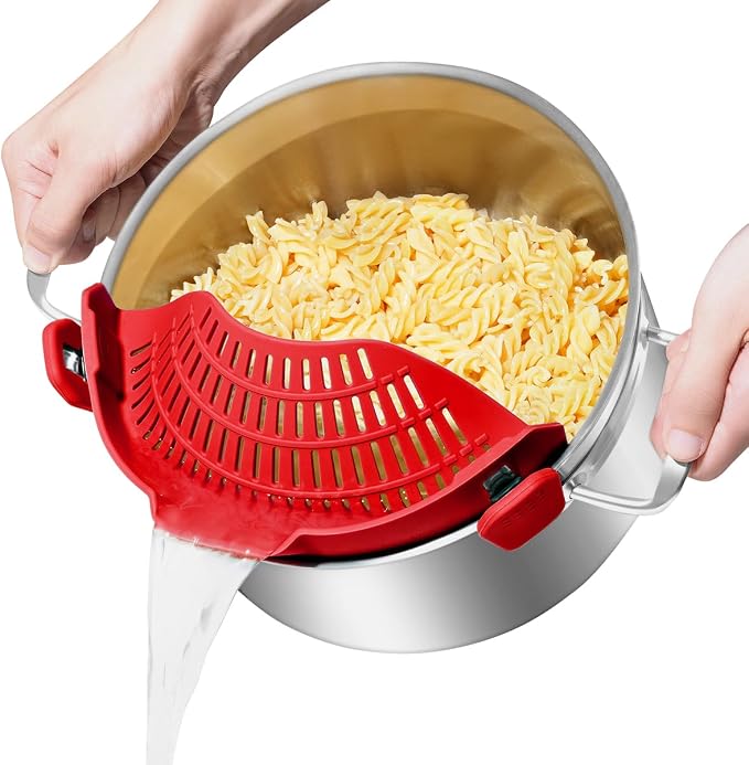 AUOON Pot Strainer Clip on Silicone, Large 10.45 x 4.33 in, Red | Fits Pots Pans Bowls, Dishwasher Safe, for Pasta Noodles Vegetable Fruits, Space-saving Kitchen Gadget