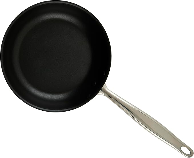 Winco 8" Tri-Ply Stainless Steel Fry Pan, Non-Stick | Large flat bottom for even heat distribution, Induction compatible, Steel, Great for Sauteing, Frying and Restaurant Kitchens