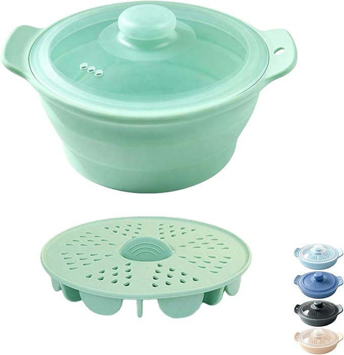 42oz Silicone Microwave Food Steamer with Steam Basket, Collapsible Steamer for Cooking Vegetable, Seafood, Dumplings, Rice Cooker, BPA Free Small Steam Pot with Handle & Lid, Dishwasher Safe (Green)