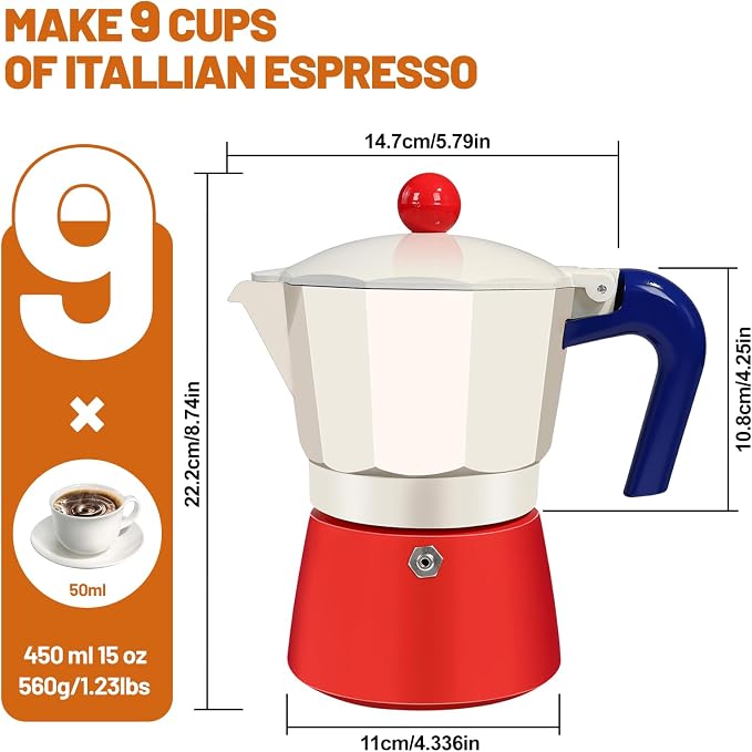 9 Cup Aluminum Espresso Stovetop Moka Pot Express Coffee Maker Percolator Italian Classic Mocha Coffee Machine for Italian and Cuban Cafe Brewing for Home & Camping 450ml 15oz