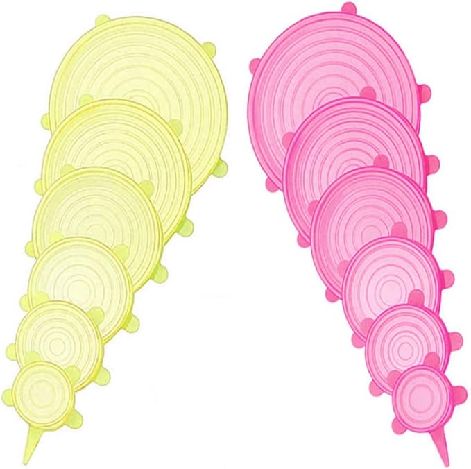 12 pcs Silicone Stretch lids set, 6 Sizes, Reusable Food Storage Covers ，Silicone Bowl Covers，Flexible to Fit All Shape of Containers，Food Cover to Keep Food Fresh (pink,yellow)