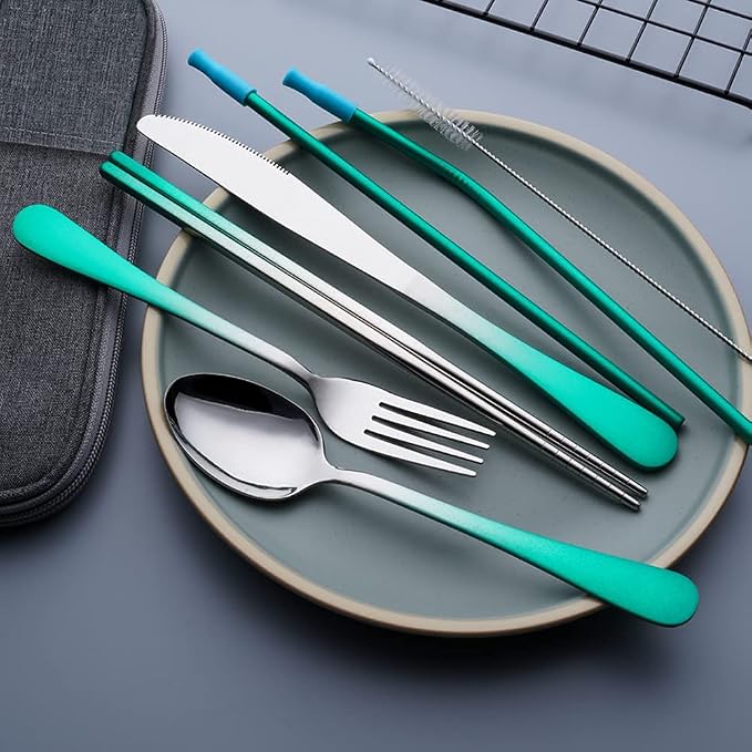 Travel Utensils Set with Case Reusable Portable Cutlery Set Stainless Steel 8pcs Including Dinner Knife Fork Spoon Chopsticks straws(Gradient Green) | Dishwasher Including Dinner Knife Fork Spoon Chopsticks Straws Travel Fork Spoon Knife for Work, Camp...