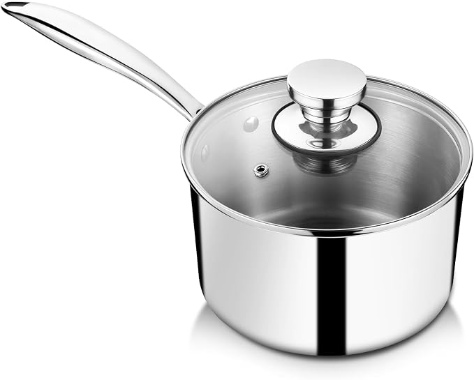 P&P CHEF 2 Quart Tri-Ply Saucepan with Visible Lid, Small Pot, 1 Piece | 2 Qt Stainless Steel Sauce Pan, Cooking Induction Pot Cookware for All Stoves, Healthy & Sturdy, Oven & Dishwasher Safe