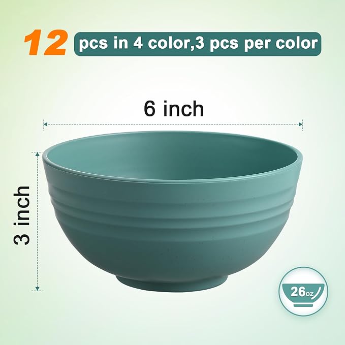 HEYCOME 12 Pcs Unbreakable Cereal Bowls Set, 26 Oz Wheat Straw Bowls Set, Microwave & Dishwasher Safe Bowls for Kitchen, Reusable Plastic Bowls for Soup, Salad and Snack, BPA Free, Multicolor