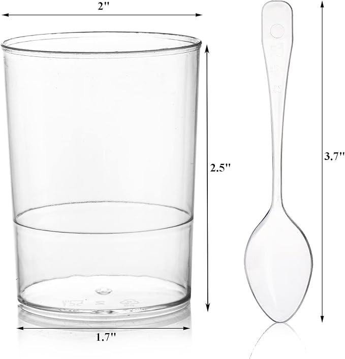 Okllen 100 Pack Mini Dessert Cups with Spoons, 3 Oz Round Shot Cups Plastic Dessert Shooters, Appetizer Parfait Cups Shot Glasses for Chocolate Desserts, Ice Cream, Puddings, Tasting Party