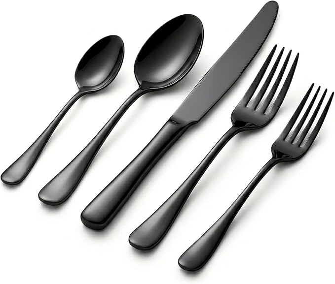 SIAKA 20-Piece Black Silverware Set, Stainless Steel Flatware Set Service for 4, Food Grade Cutlery Utensil Set for Home Restaurant, Include Knife Forks Spoons Set, Mirror Polished Dishwasher Safe