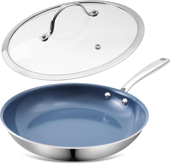 10 Inch Stainless Steel Ceramic Non Stick Frying Pan Skillet with Lid - PFOA Free, Oven Safe 550°F, Dishwasher Safe, Induction Compatible, For Searing Steaks, Cooking Eggs & All Stovetops