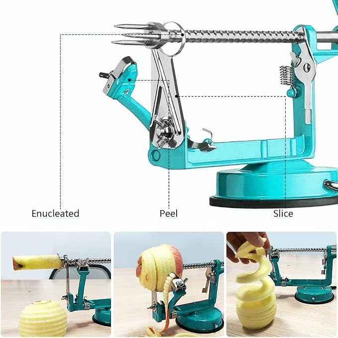 Apple Peeler, Slicer Corer Potato Peelers 3 In 1, Stainless Steel Heavy Duty Suction Cup Base And 7 Extra Blades (Blue)