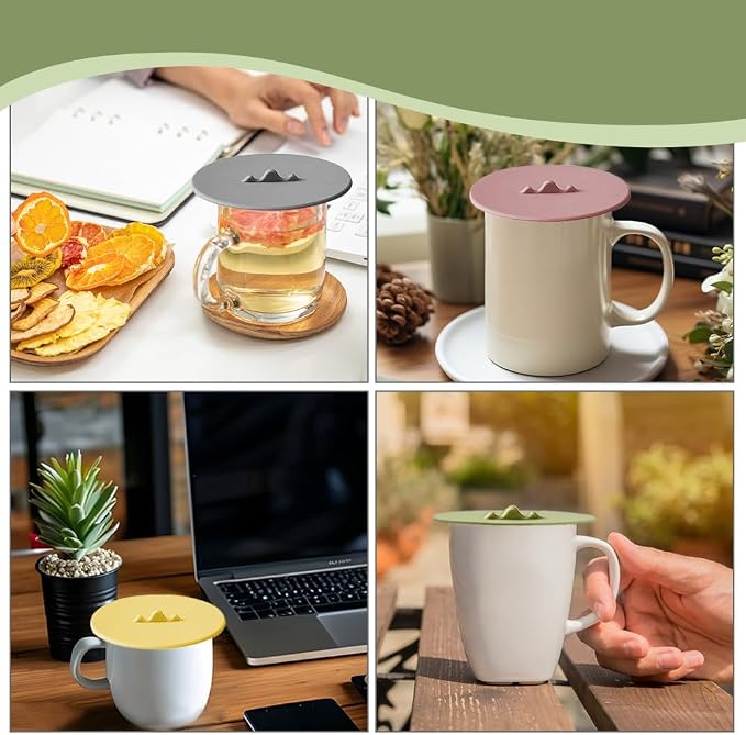 6PCS Silicone Cup Covers, Multicolored Silicone Lids for Mugs, Style 3 | Reusable, Anti-Dust Seal, Universal Fit, Mug Covers with Spoon Holder, Flexible Mug Covers, Hot Cup Lids for Coffee & Tea