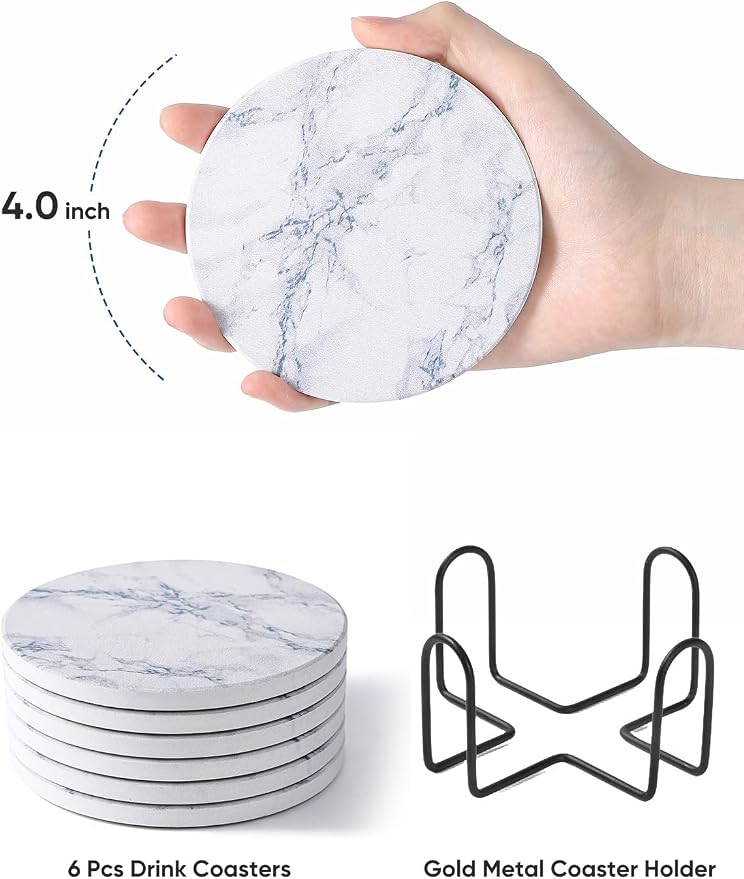 LIFVER Coasters for Drinks, White Marble-Style Absorbent Coasters with Holder, Housewarming Gifts for Home Decor, Suitable for Kinds of Cups, 4 Inches, Set of 6
