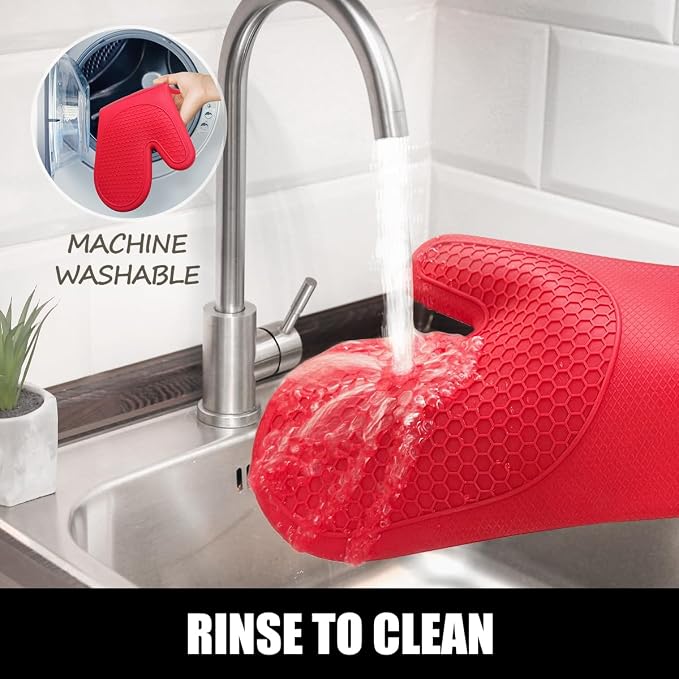RORECAY Silicone Oven Mitts and Pot Holders Sets, Gloves for Kitchen, Red | Set of 6 Kitchen Mitts for Baking & Cooking, Heat Resistant 500 ℉, 15" Extra Long, Non-Slip & Waterproof, Quilted Cotton
