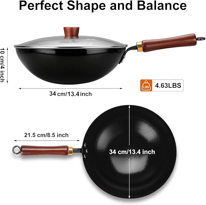 Carbon Steel Wok Pan, 13.4-Inch Nonstick Pre-Seasoned Woks & Stir-Fry Pans with Glass Lid, No Chemical Coated Wok Round Bottom Hand Hammered Chinese Wok for Gas Stoves