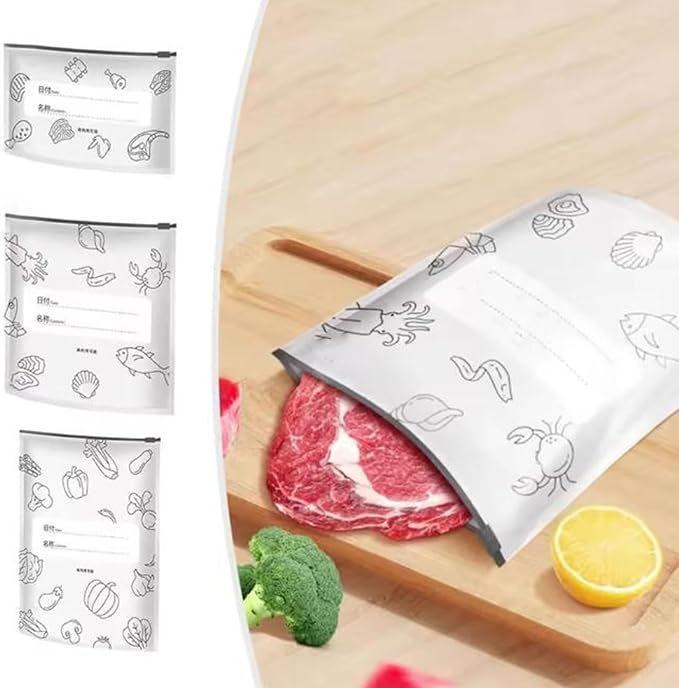 Reusable Aluminum Foil Sealable Storage Bags, 2025 New Resealable Vacuum Zipper Pouches for Food, Stand Up Foil Sealable Bags with Label and Zip Lock for Vegetable Fruit Meat (10PCS, Large)