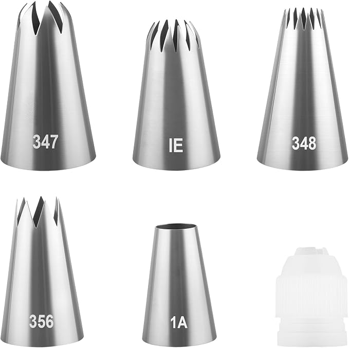 6 Pcs Large Piping Tips Set, Stainless Steel Frosting Piping Kit with 25mm Coupler, Cake Decorating Tips for Cupcakes Cookies Buttercream Flowers Pastry and Baking (1A/1E/347/348/356)