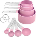 Measuring Cups Set Measuring Spoons Set, Nesting Measure Cups with Stainless Steel Handle, For Measuring Dry and Liquid Ingredients Small Teaspoon with Plastic Head (Pink)