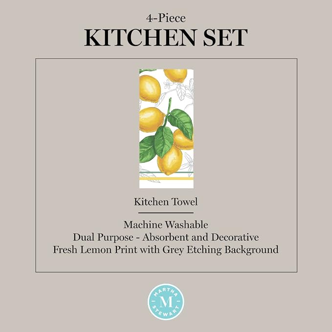 Martha Stewart Lots of Lemons Modern Kitchen Towel, Oven Mitt & Potholder Set, 4-Pack, White-Yellow