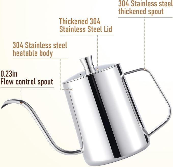 PARACITY Pour Over Kettle, 20 oz Stainless Steel Camping Drip Coffee Pot | Long gooseneck spout controls flow for even brewing; the hanging-ear handle and lid suit coffee or tea at home or outdoors