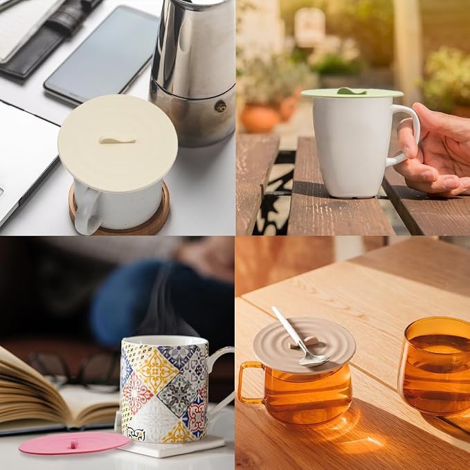 6PCS Silicone Cup Covers, Multicolored Silicone Lids for Mugs, Style 2 | Reusable, Anti-Dust Seal, Universal Fit, Mug Covers with Spoon Holder, Flexible Mug Covers, Hot Cup Lids for Coffee & Tea