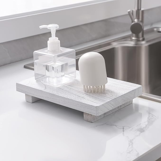 Wood Bathroom Tray Farmhouse Decor Kitchen Soap Holder, 9"x6" White | Waterproof, Lightweight, Easy Clean, Small Wooden Riser Pedestal Stand Accessories for Office Desk, Vanity, Counter, Sink