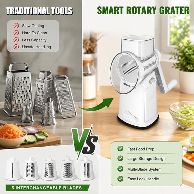 Rotary Cheese Grater with Hand Crank - Cheese Shredder with 5 Interchangeable Stainless Steel Blades, Suction Base & Ergonomic Handle | Vegetable Slicer, Food Grater for Cheese, Nuts & Chocolate