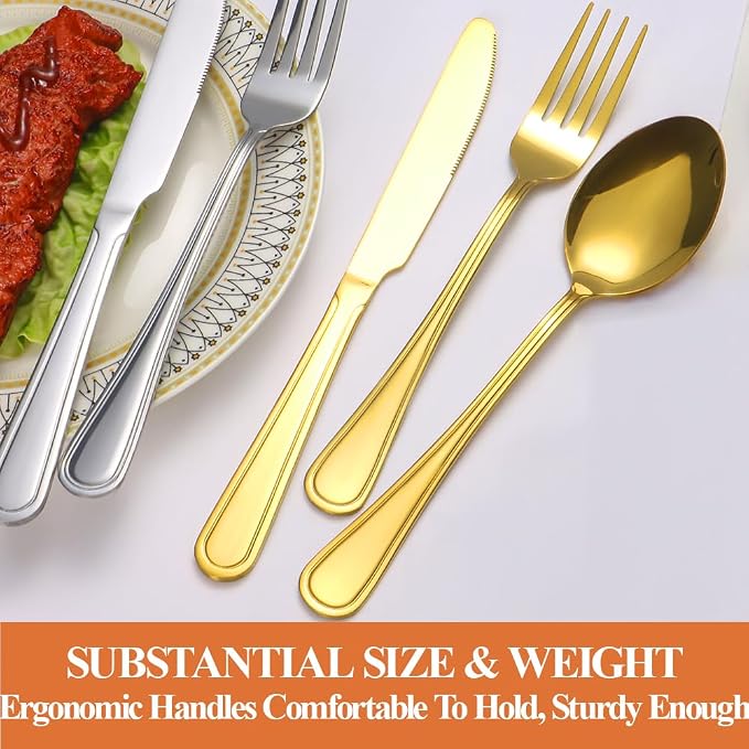40 Pcs Gold Silverware Set for 8, Food Grade Stainless Steel Flatware Set, Eating Utensils Sets Include Fork/Knife/Spoon, Reusable Cutlery Set for Home Kitchen, Dishwasher Safe, Double-stripe