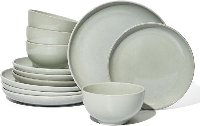 Santorini Mist Terracotta Reactive Glaze Plates and Bowls Sets, Stoneware Dinnerware Sets, Microwave and Dishwasher Safe Ceramic Dish Set Service for 4, Slate Green