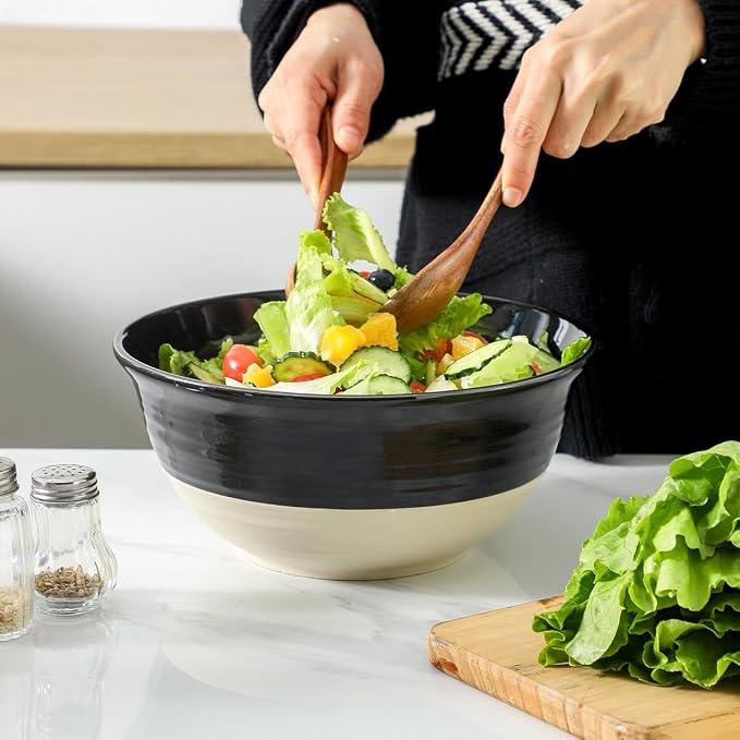 HASENSE Large Ceramic Serving Bowls Set of 2, 84 Oz 9 Inch Black & Beige Stoneware Mixing Bowls, Farmhouse Bowls for Salad, Soup, Popcorn & Baking, Dishwasher & Microwave Safe