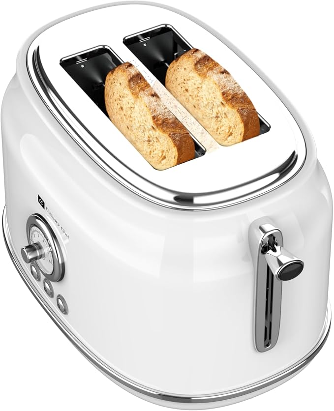 CULINARY CHEF, 2 Slice Toaster, Retro Style, Wide Slot for Bread, English Muffins, Croissants, and Bagels, 6 Adjustable Toast Settings, Cancel and Defrost, 900w, White