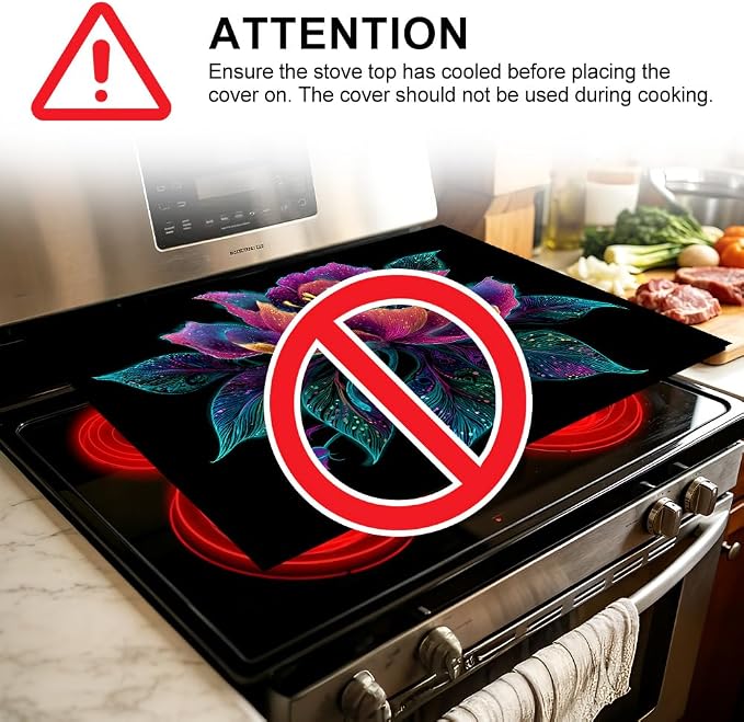 Boho Floral Stove Top Cover 28x20 Inch Glass Stove Cover | Heat Resistant Cooktop Protector Mat with Non-Slip Backing, Scratch Protection and Countertop Drying Mat.
