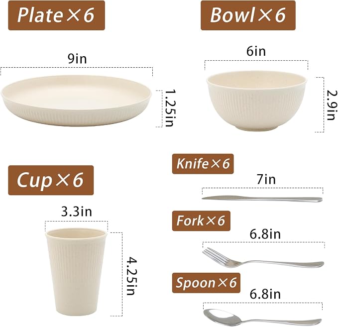 36pcs Reusable Wheat Straw Dinnerware Sets,Unbreakable Dinnerware Cups Plates and Bowls Sets,Durable Kitchenware Dishes Set for Home, Office, Travel,Picnic