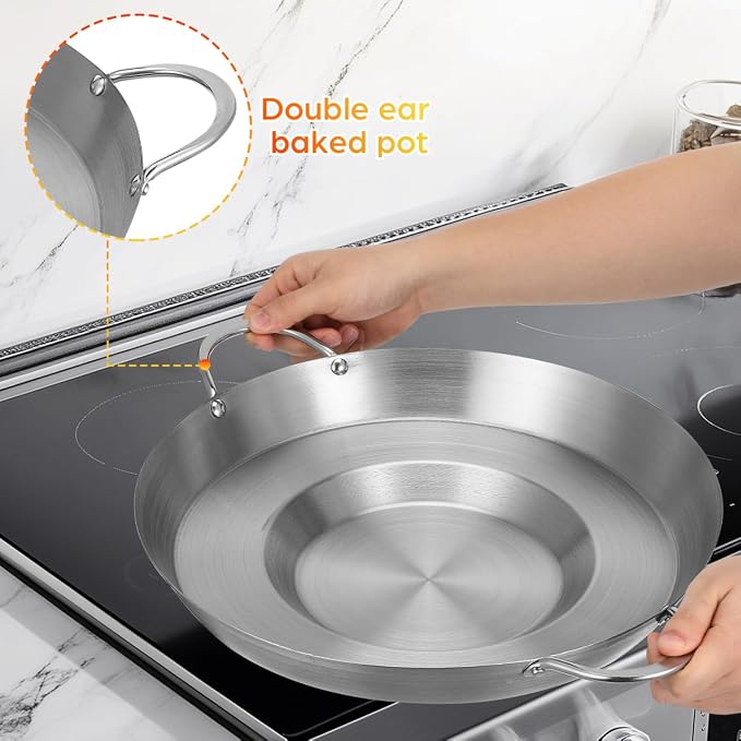 Cabilock Stainless Steel Comal Frying Bowl with Double Handle, Rounded Flat Bottom Paella Pan, Home Wok Pot Non-stick Cooking Pan Kitchen Cookware for Stoves