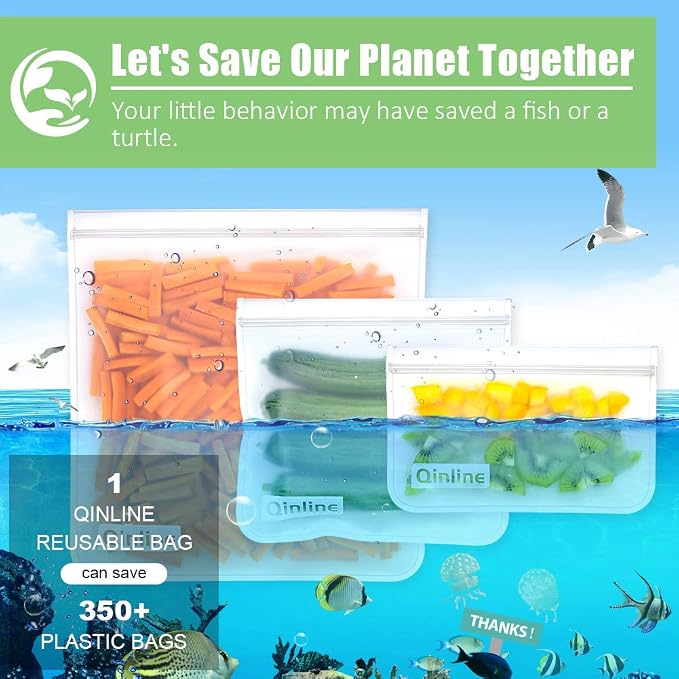 Qinline Reusable Food Storage Bags - 10 Pack Freezer Bags, Reusable Bags , Extra Thick Leakproof Reusable Lunch Bag for Salad Fruit Snack Travel - 2 Gallon 4 Sandwich 4 Snack Bags