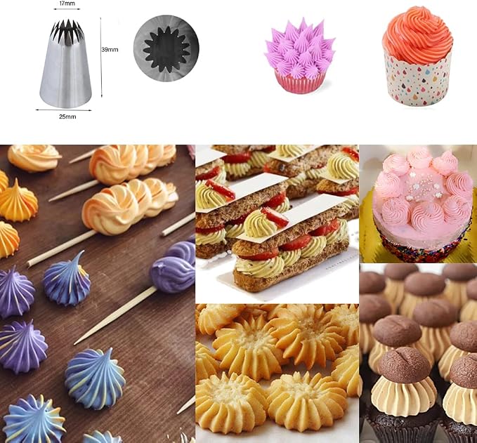 Large Piping Tips Set 1M 2D 2A 2F 6B 234 for Frosting, 6 Pcs