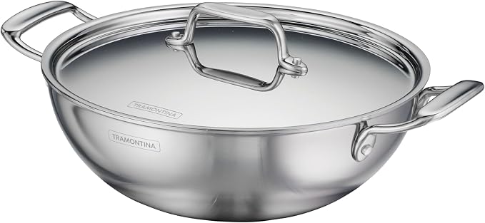Tramontina Utsava Tri-Ply Clad Stainless Steel 4-Quart Kadai with Lid | Ceramic Non Stick Interior, Induction-Ready Large Kadhai Pot for Indian Cooking
