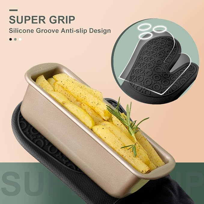 sungwoo 6pcs Silicone Oven Mitts and Pot Holders Sets, 14.6 Inch Heat Resistant Oven Gloves with Quilted Liner Non-Slip Textured Grip Perfect for BBQ, Baking, Cooking and Grilling Black
