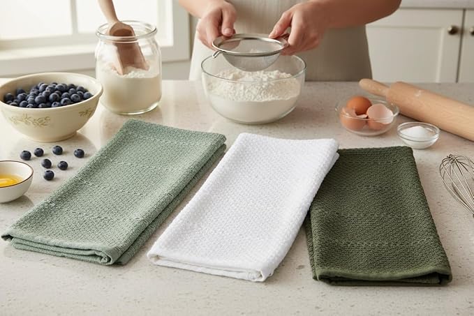 Sage White Dark Green Kitchen Dish Towels, Set of 3, 100% Cotton, 18" x 28" | Terry Loop Textured, Soft & Absorbent Cleaning Cloth, Quick Dry, Multipurpose for Everyday Use