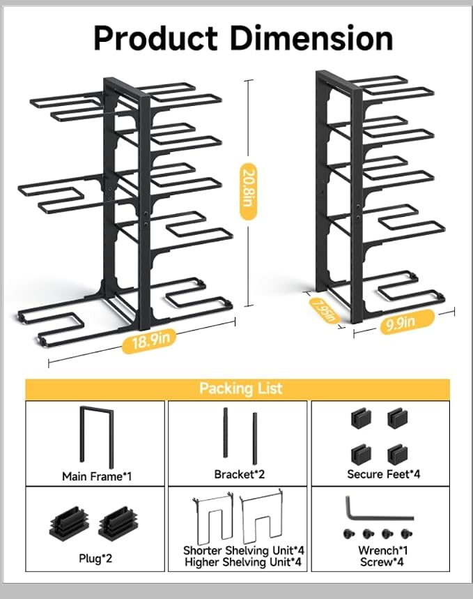 MUDEELA 8-Tier Pots and Pans Organizer under Cabinet, 20.8" H Heavy Duty | 120LBS capacity, 2 Installation Options, Heavy-duty pot rack holds cast-iron pans, skillets, griddles and shallow pot
