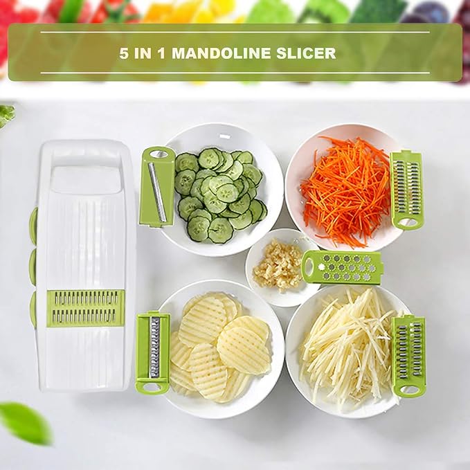 NACOLUS 5 in 1 Mandoline Slicer Vegetable Slicer Mandolin Multi Blade Potato Veggie Slicer Vegetable Cutter Julienne Shredder Potato Slicer Green
