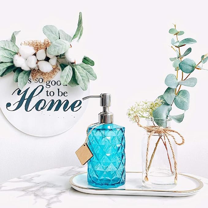 JASAI 12 Oz Diamond Design Soap Dispenser with Rust Proof Soap Pump | Kitchen Soap Dispenser for Bathroom, Hand Soap, Dish Soap (Clear Blue).