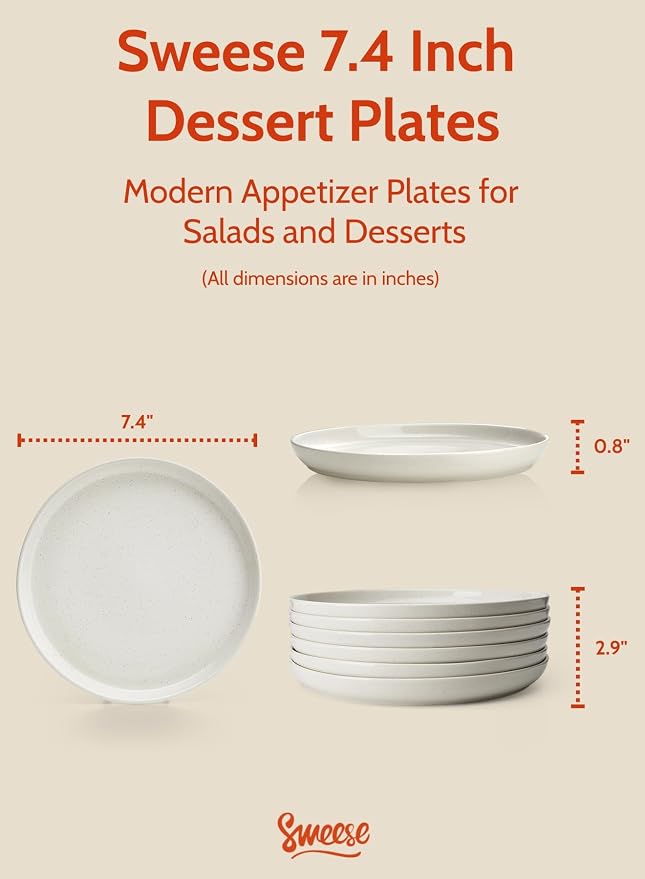 Sweese Porcelain Dessert Plates 7.4 Inch Set of 6 - Dove Gray Salad Plates, Dishwasher Microwave Safe, Smooth Glaze