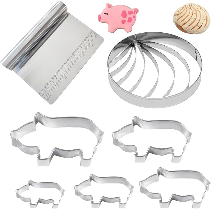 Concha Cutter ，Stainless Steel Mexican Bread Mold with 5pc pig cookie cutter，Mexican Kitchen Mold for Bread Cookie Cake Biscuit，Moldes Para Marcador De Conchas