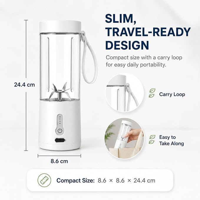 Portable Blender, Personal Cordless Juicer Cup, USB Rechargeable Ideal for Shakes & Smoothies,Ice Blending,Juicing, Mini Blender for Travel Sports Outgoing Office Gym Camping