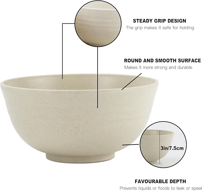 Unbreakable Cereal Bowls, Unbreakable Plastic Bowls Alternatives Set of 8, Wheat Straw Bowl for Kitchen,Camping, RV, Party, Microwave Safe Bowl Set for Cereal, Soup, Salad (Beige, 26 OZ)