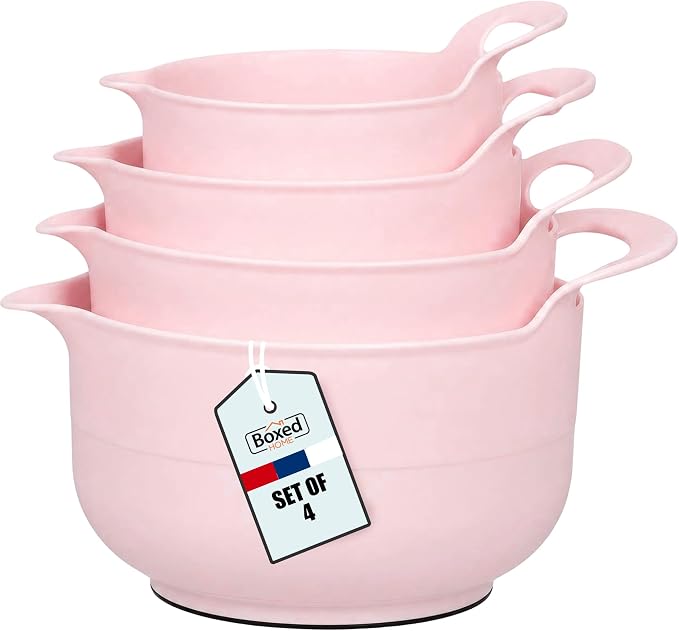BoxedHome 4 Pack Nesting Mixing Bowl with Pour Spout and Handle, BPA free Microwave & Dishwasher Safe(Pink, 4 Pack with Handle)