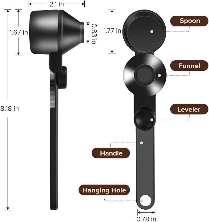 Coffee Scoop with Built-in Funnel & Long Handle - Precision Dosing Spoon for Reusable K-Cups, Protein Powder Scoop, Ground Coffee - 2 Tbsp Measuring Spoon, BPA-Free PCTG, Black (1 Pack)